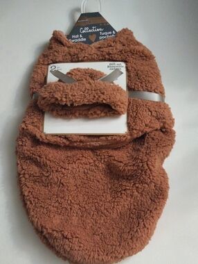 Blankets And Beyond Baby Cozy Sherpa Like Hat & Swaddle Set Warm Brown New 0-3 M